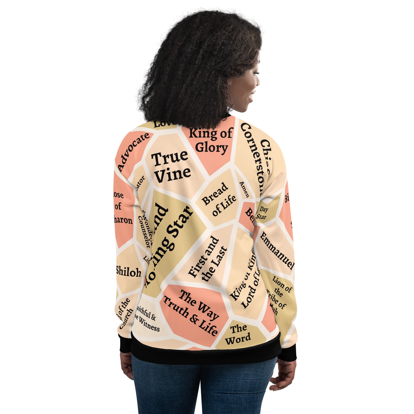 I AM Names of Jesus Unisex Bomber Jacket (Colors: Green, Beige & Salmon)