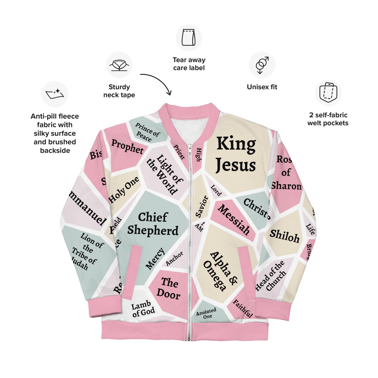 I AM Names of Jesus Unisex Bomber Jacket - Pink Trim - REFRESHED DESIGN