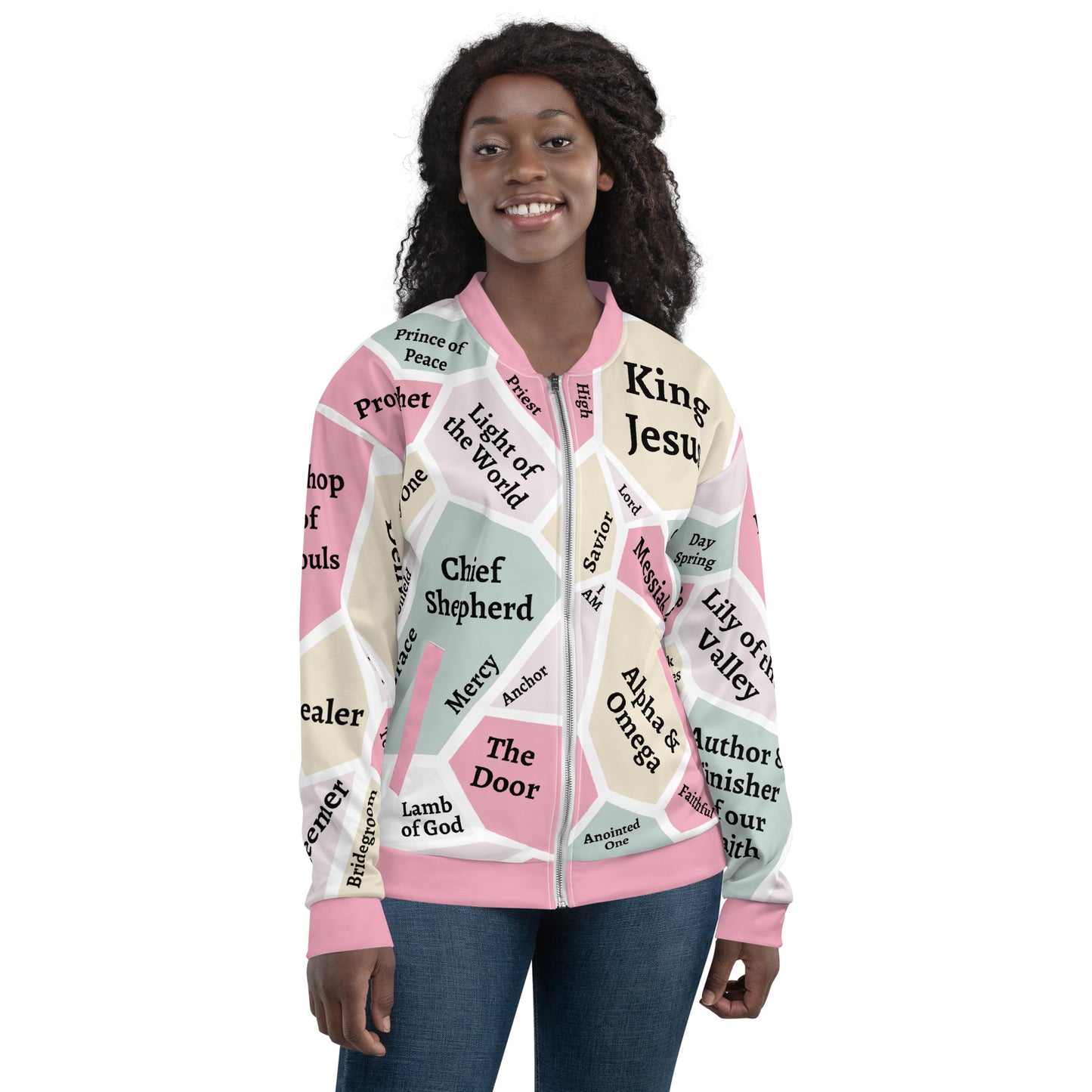 I AM Names of Jesus Unisex Bomber Jacket - Pink Trim - REFRESHED DESIGN