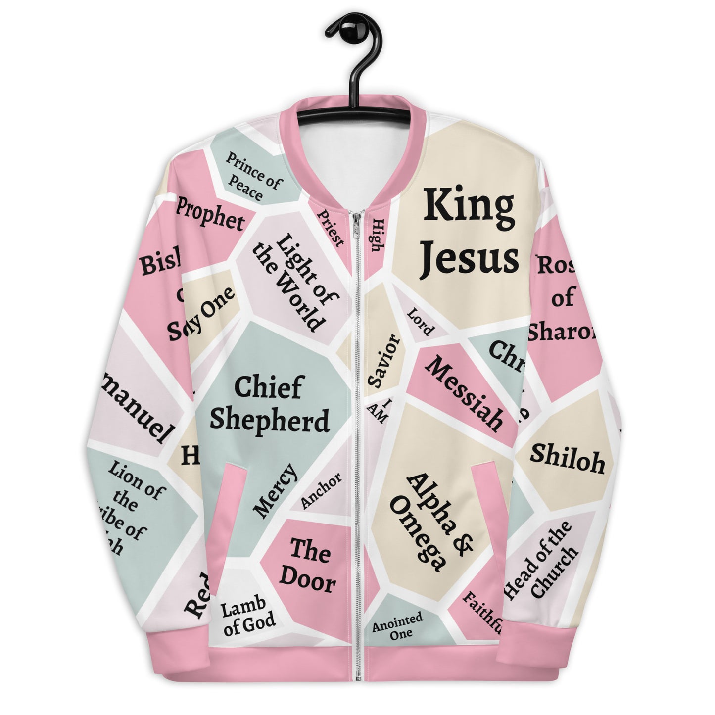 I AM Names of Jesus Unisex Bomber Jacket - Pink Trim - REFRESHED DESIGN