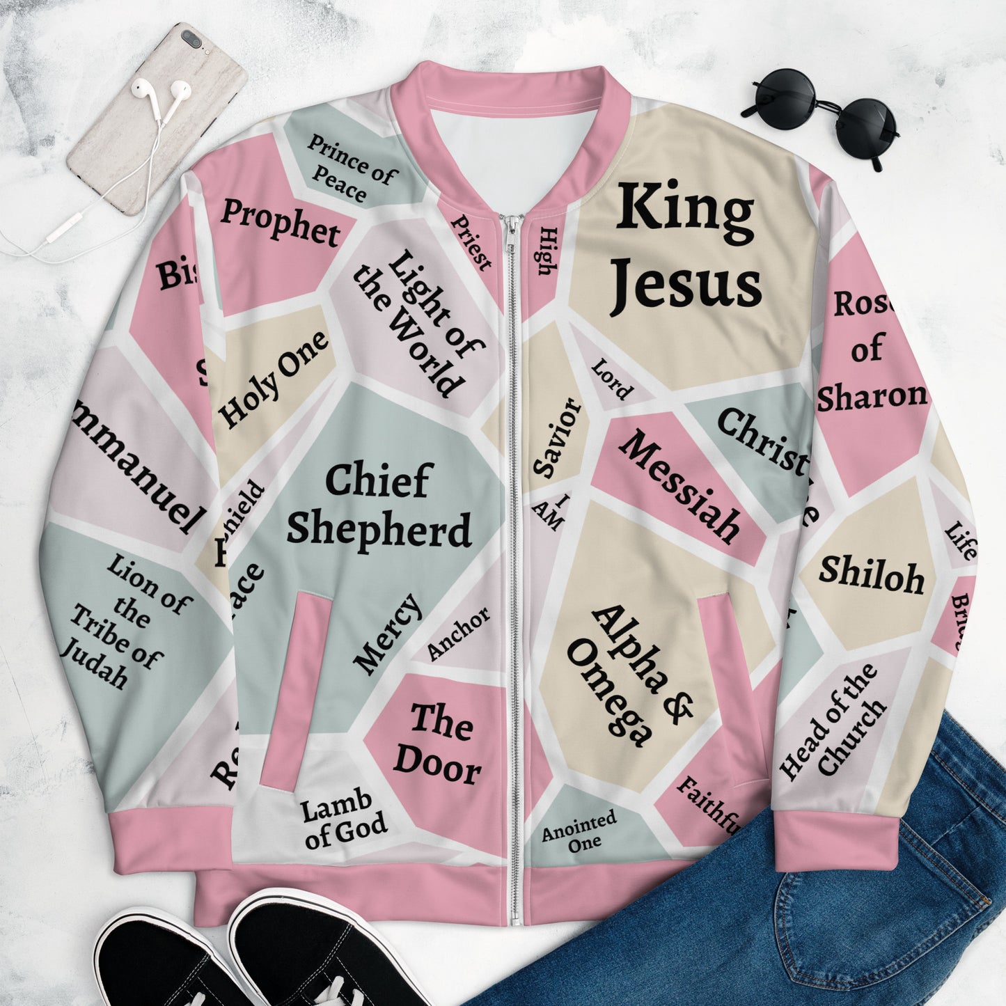 I AM Names of Jesus Unisex Bomber Jacket - Pink Trim - REFRESHED DESIGN