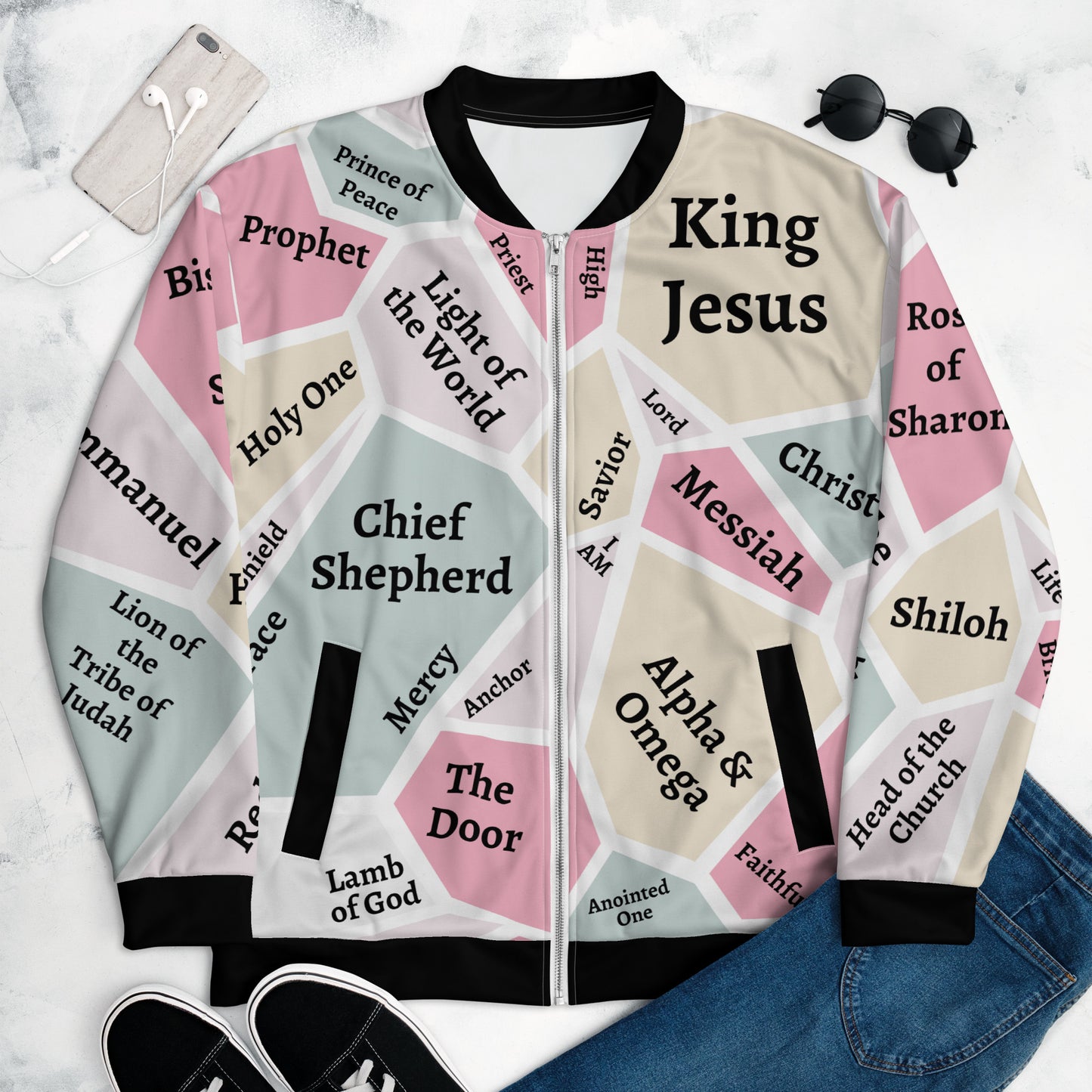 I AM Names of Jesus Unisex Bomber Jacket - Black Trim - REFRESHED DESIGN