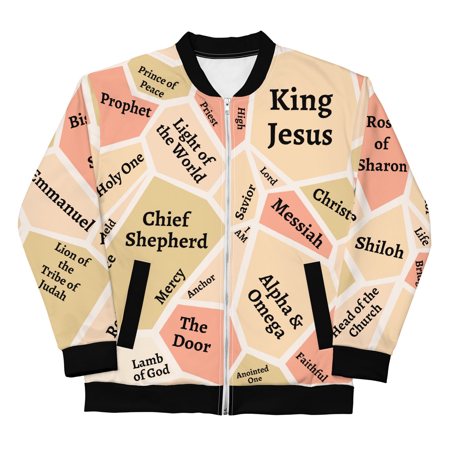 I AM Names of Jesus Unisex Bomber Jacket (Colors: Green, Beige & Salmon)