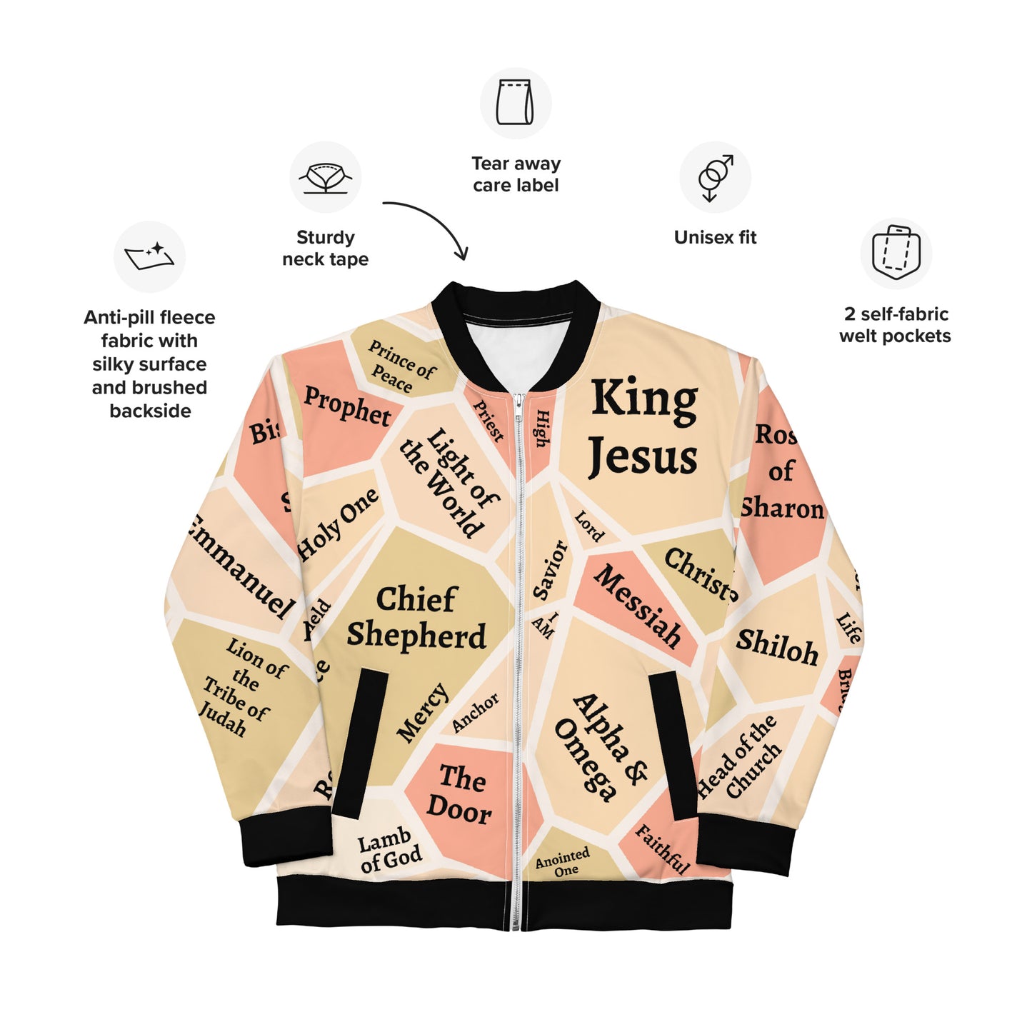 I AM Names of Jesus Unisex Bomber Jacket (Colors: Green, Beige & Salmon)