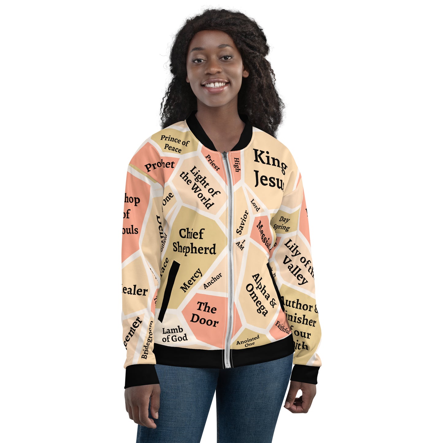 I AM Names of Jesus Unisex Bomber Jacket (Colors: Green, Beige & Salmon)