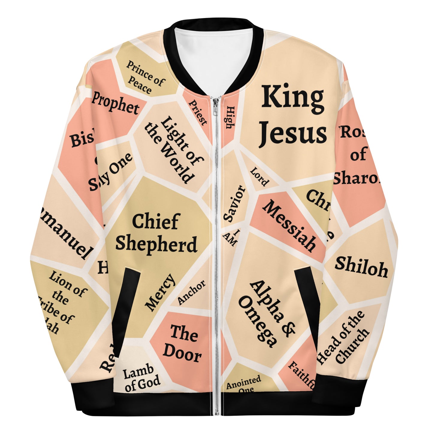 I AM Names of Jesus Unisex Bomber Jacket (Colors: Green, Beige & Salmon)