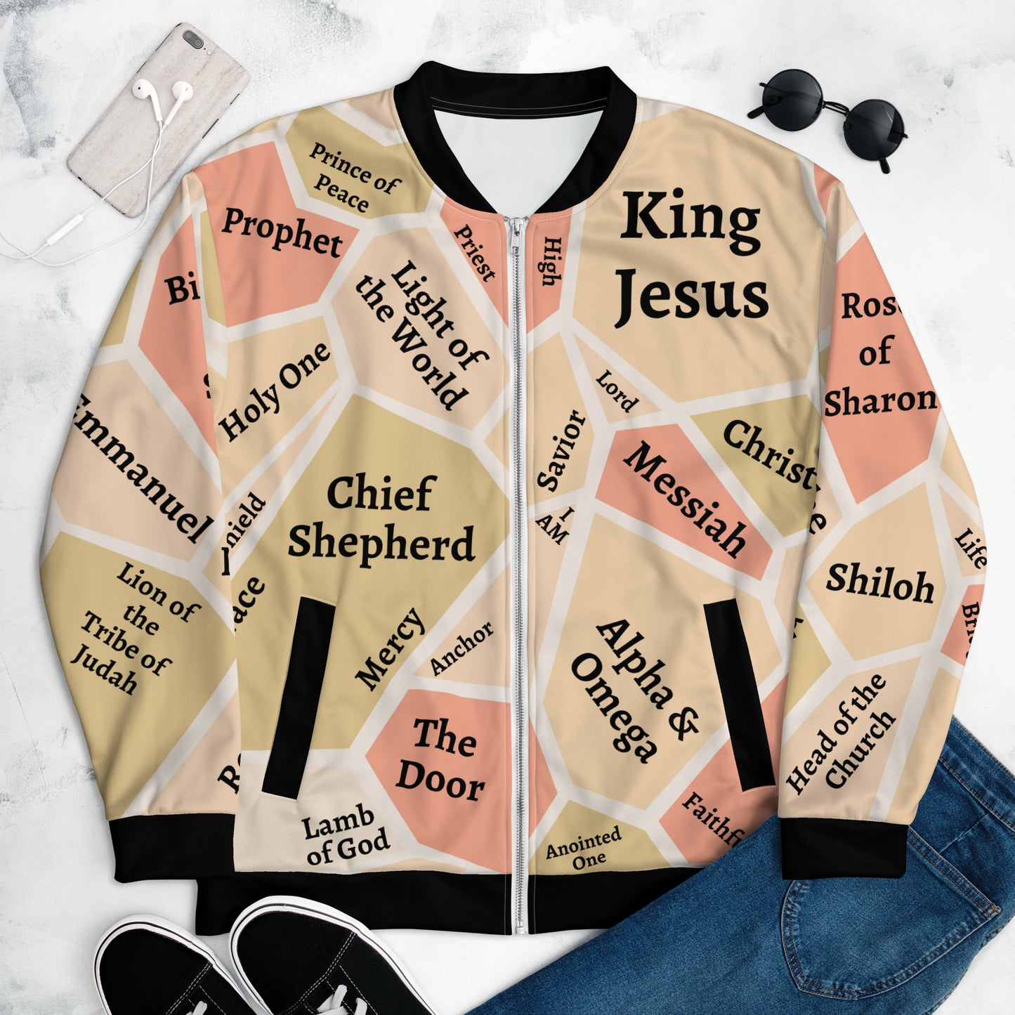 I AM Names of Jesus Unisex Bomber Jacket (Colors: Green, Beige & Salmon)