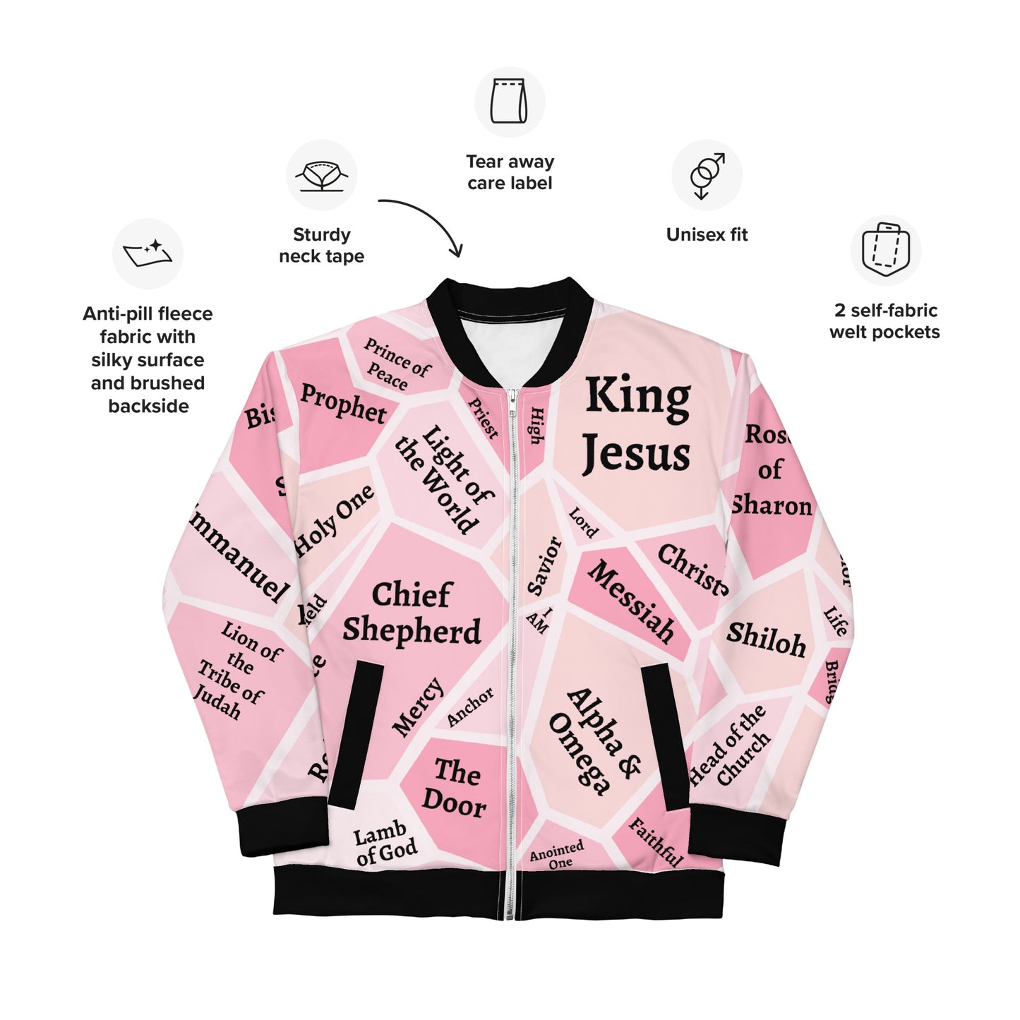 I AM Names of Jesus Unisex Bomber Jacket Unisex Bomber Jacket (Pink Hues)