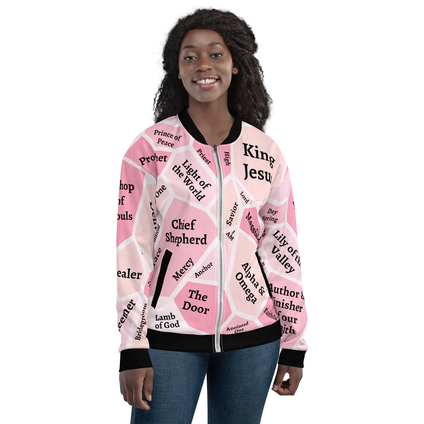 I AM Names of Jesus Unisex Bomber Jacket Unisex Bomber Jacket (Pink Hues)