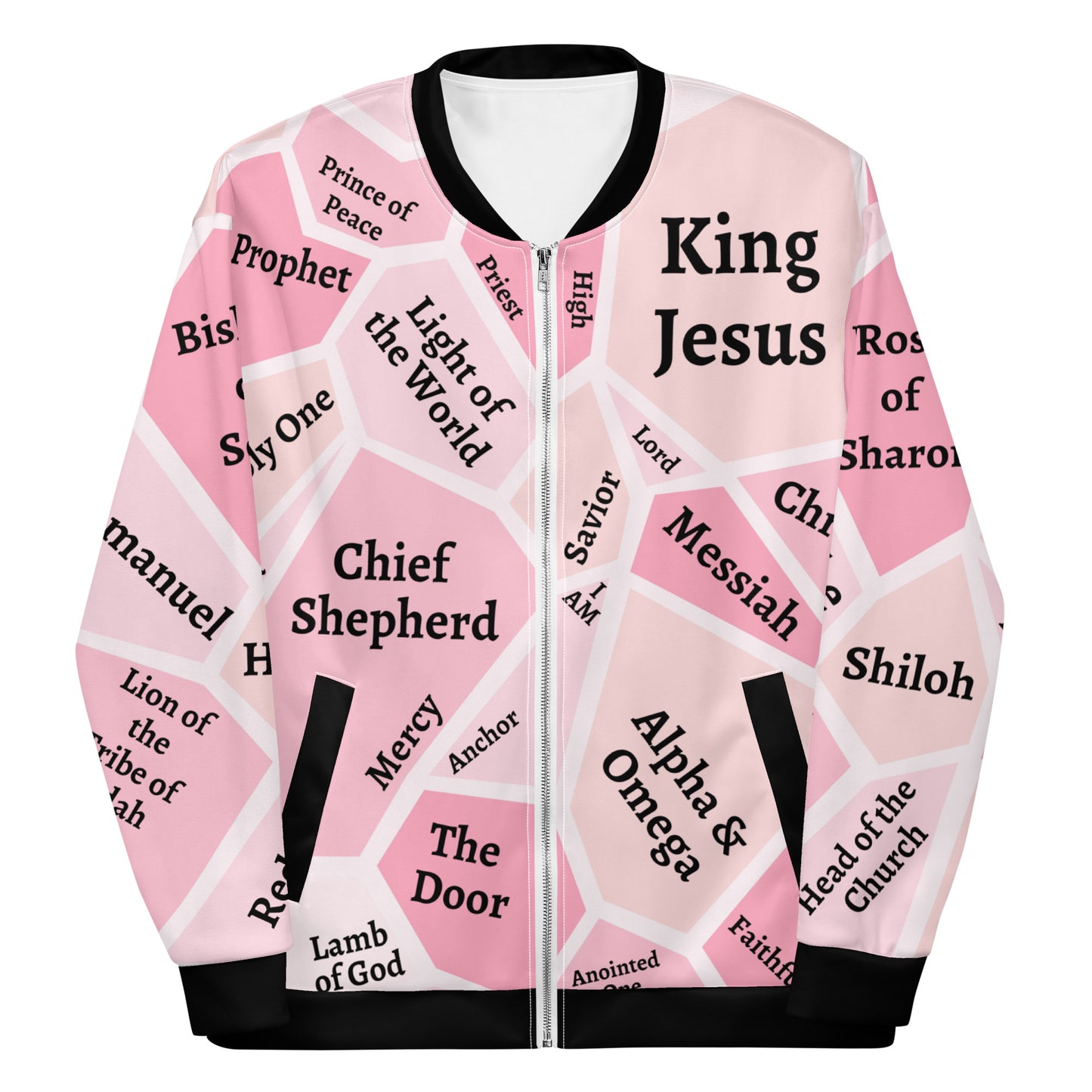 I AM Names of Jesus Unisex Bomber Jacket Unisex Bomber Jacket (Pink Hues)