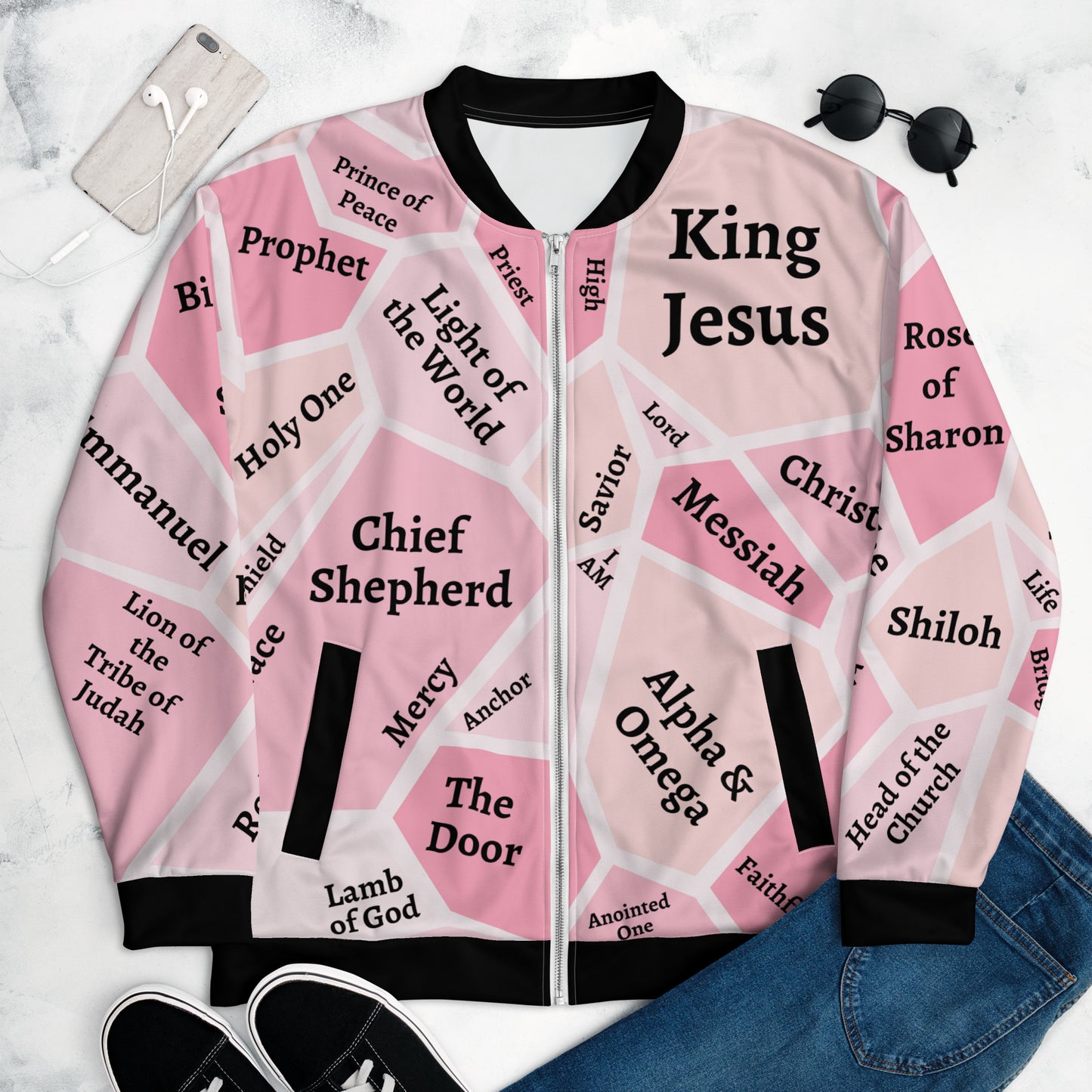 I AM Names of Jesus Unisex Bomber Jacket Unisex Bomber Jacket (Pink Hues)