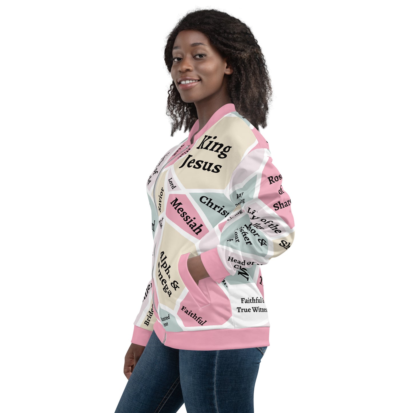 I AM Names of Jesus Unisex Bomber Jacket - Pink Trim - REFRESHED DESIGN