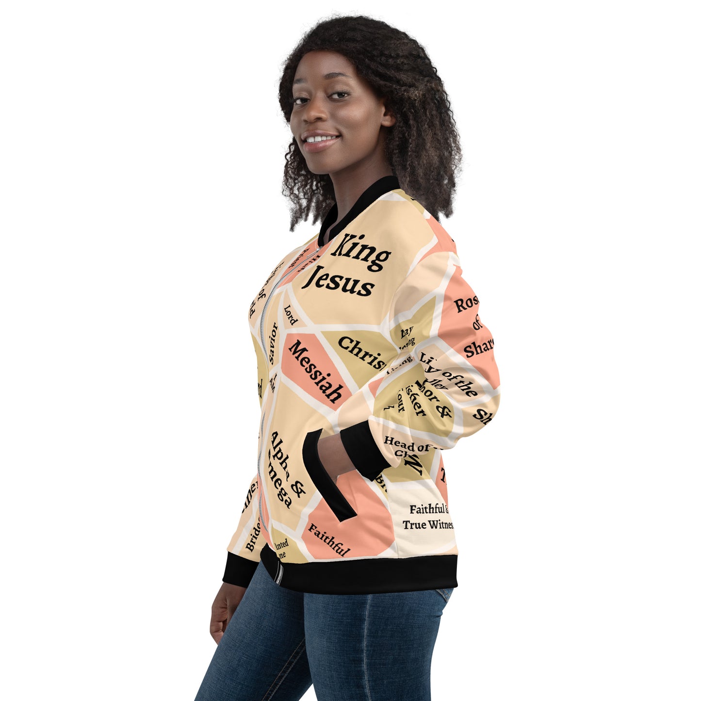 I AM Names of Jesus Unisex Bomber Jacket (Colors: Green, Beige & Salmon)