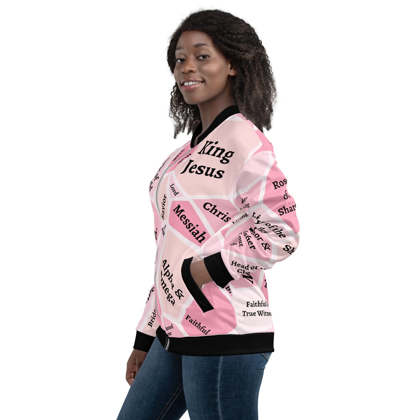 I AM Names of Jesus Unisex Bomber Jacket Unisex Bomber Jacket (Pink Hues)