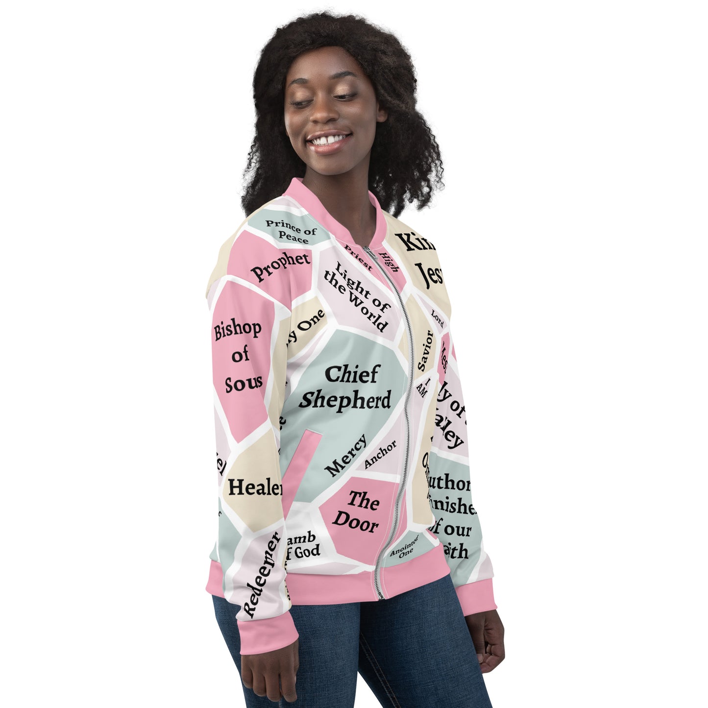 I AM Names of Jesus Unisex Bomber Jacket - Pink Trim - REFRESHED DESIGN