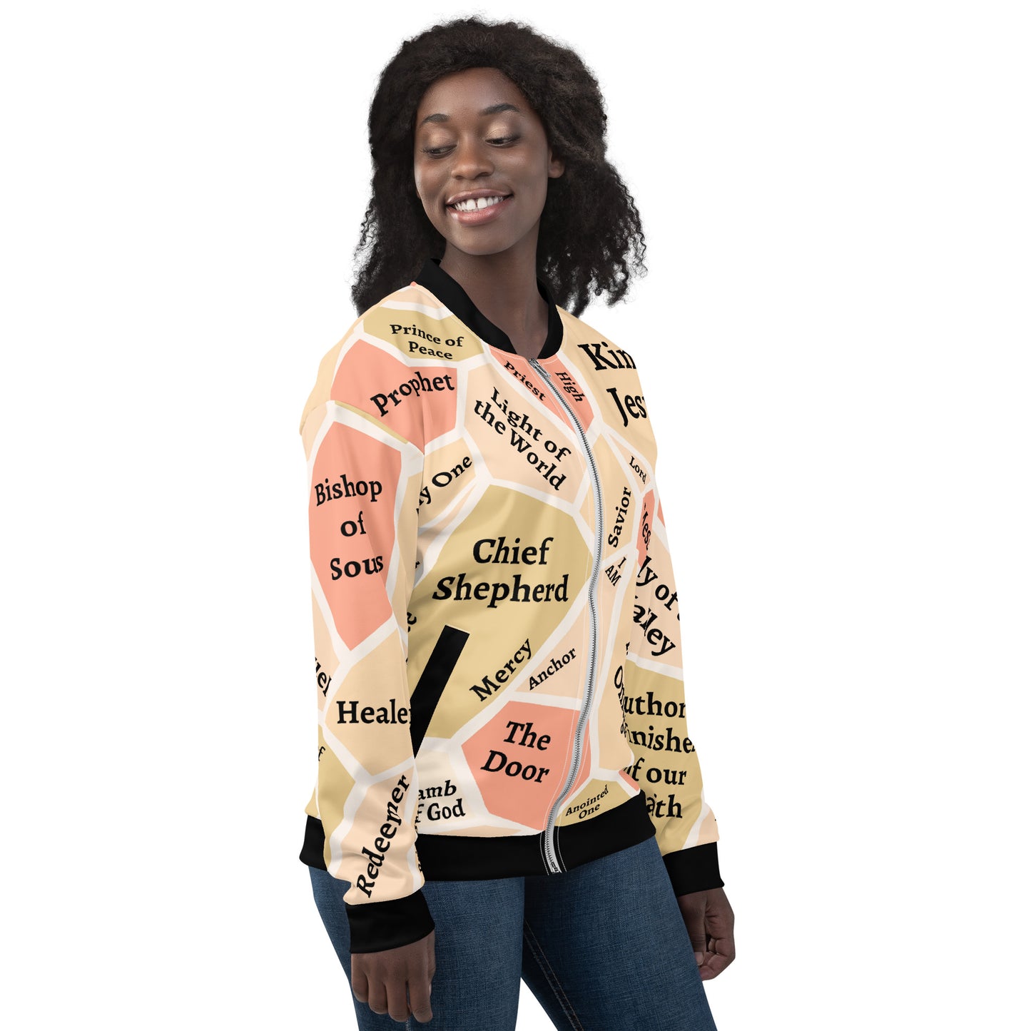 I AM Names of Jesus Unisex Bomber Jacket (Colors: Green, Beige & Salmon)