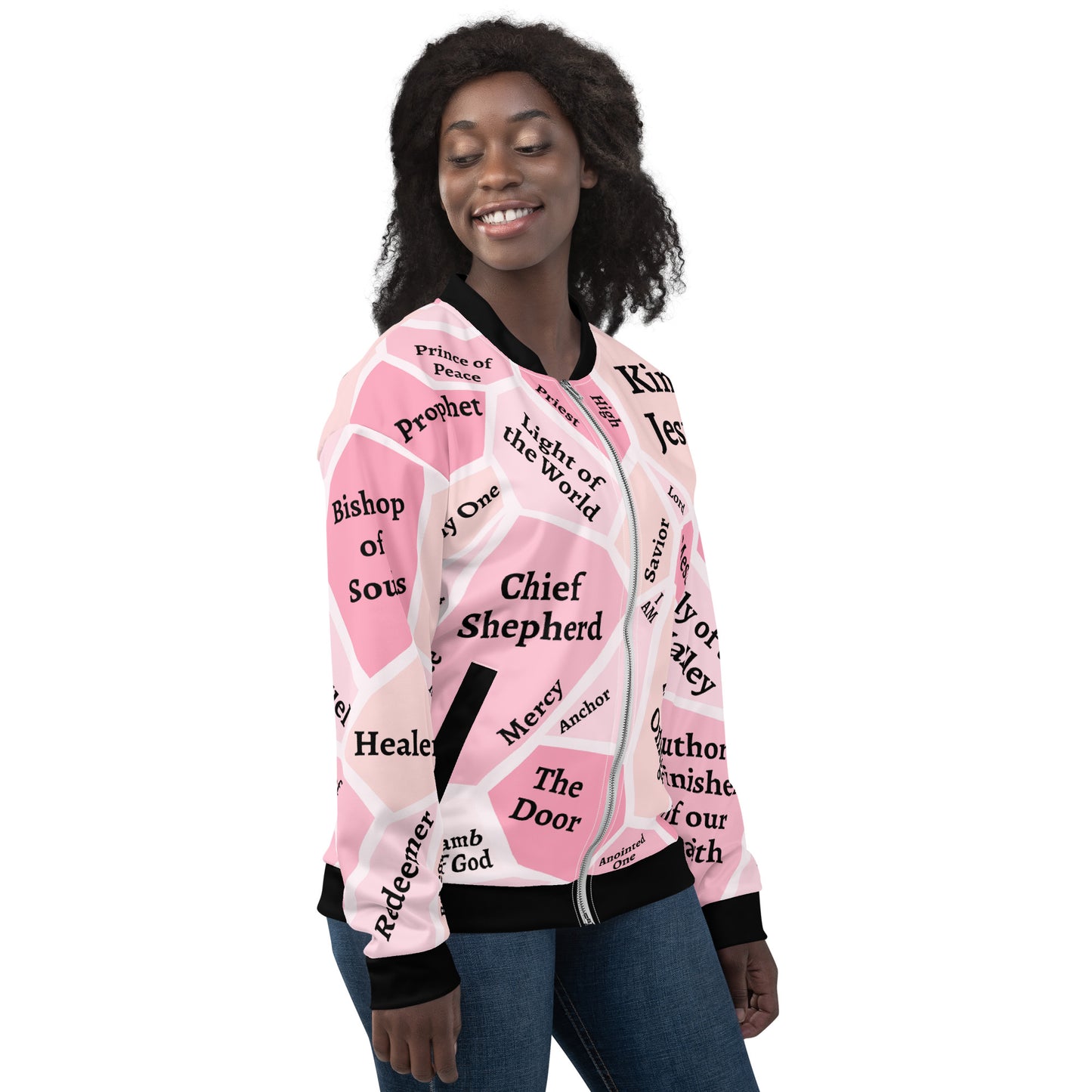 I AM Names of Jesus Unisex Bomber Jacket Unisex Bomber Jacket (Pink Hues)