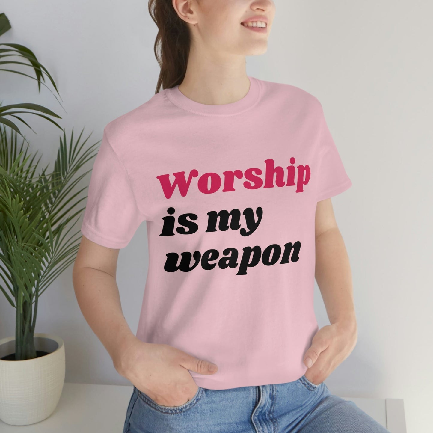 Worship Is My Weapon (Graphic Fuchsia & Black Text) Unisex Jersey Short Sleeve Tee - Style: Bella+Canvas 3001