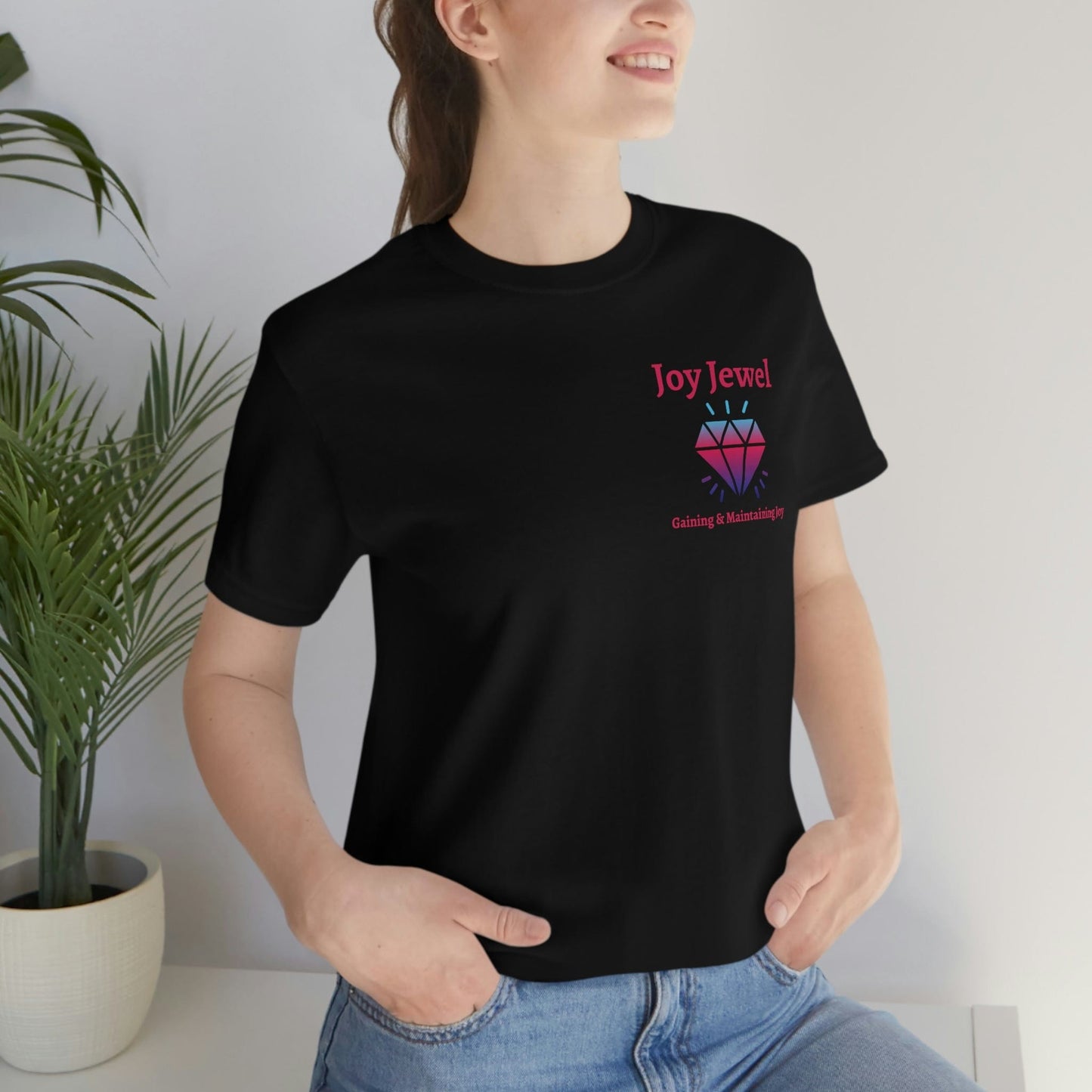 Joy Jewel: Gaining & Maintaining Joy (Small Graphic Fuchsia Text with Left Chest Colorful Diamond) Unisex Jersey Short Sleeve Tee - Style: Bella+Canvas 3001