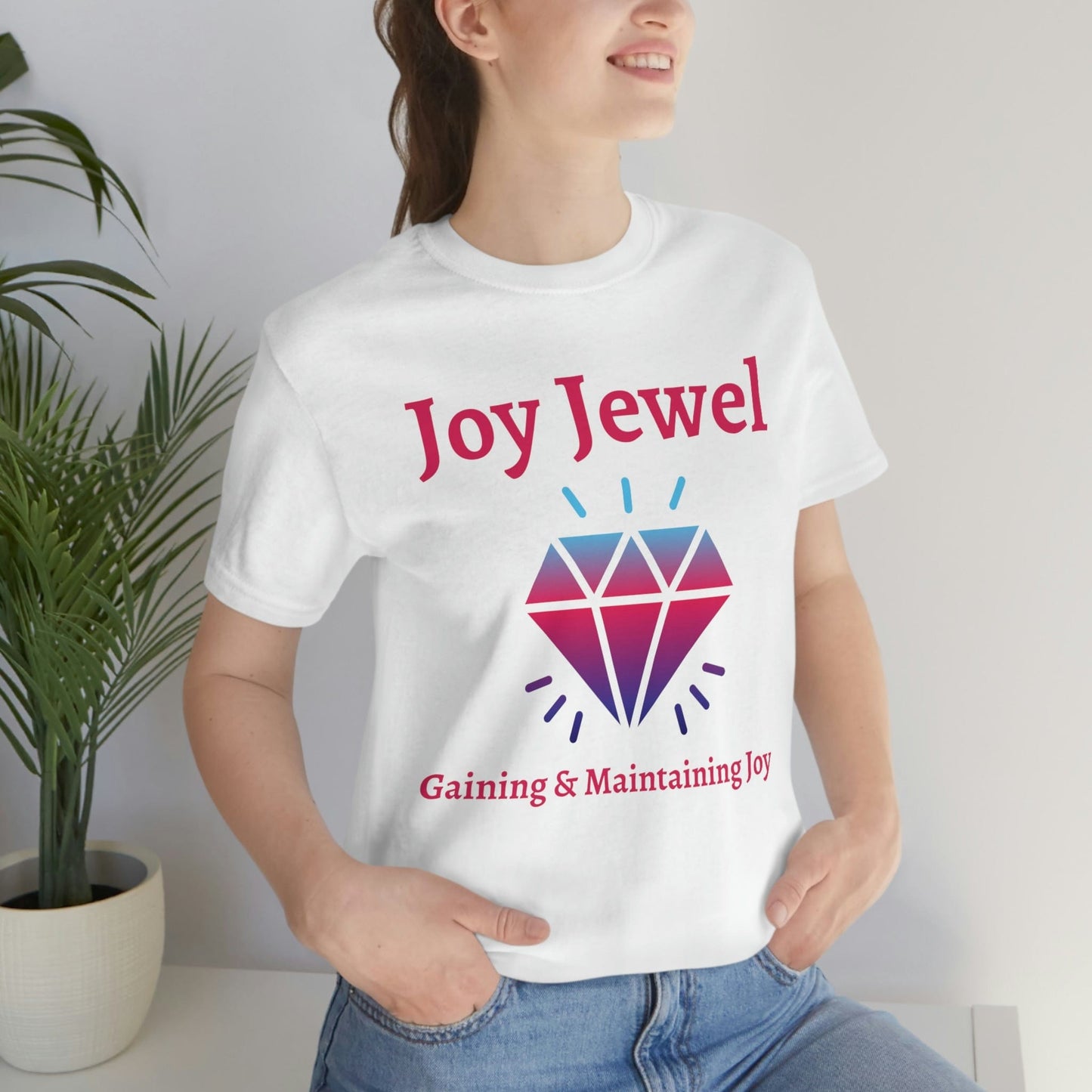 Joy Jewel: Gaining & Maintaining Joy (Large Graphic Fuchsia Text with Colorful Diamond) Unisex Jersey Short Sleeve Tee - Style: Bella+Canvas 3001