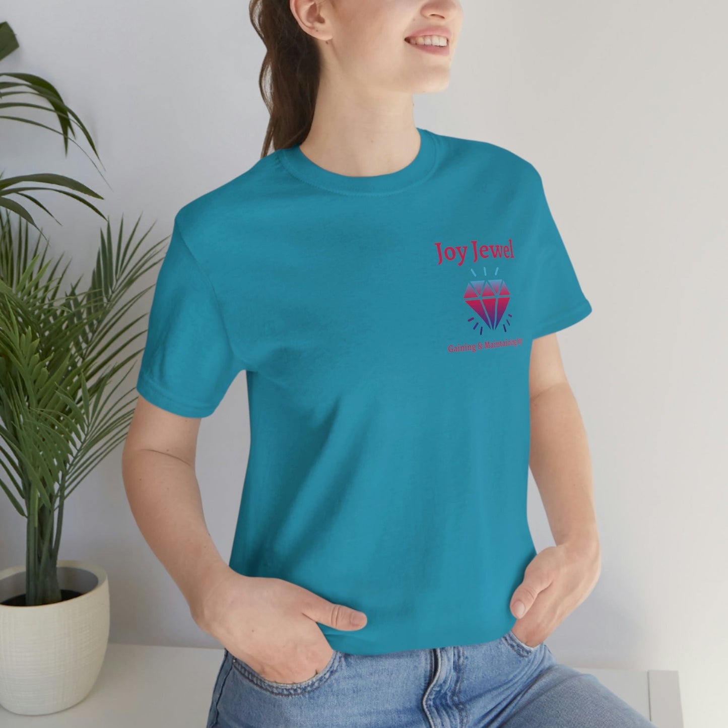 Joy Jewel: Gaining & Maintaining Joy (Small Graphic Fuchsia Text with Left Chest Colorful Diamond) Unisex Jersey Short Sleeve Tee - Style: Bella+Canvas 3001