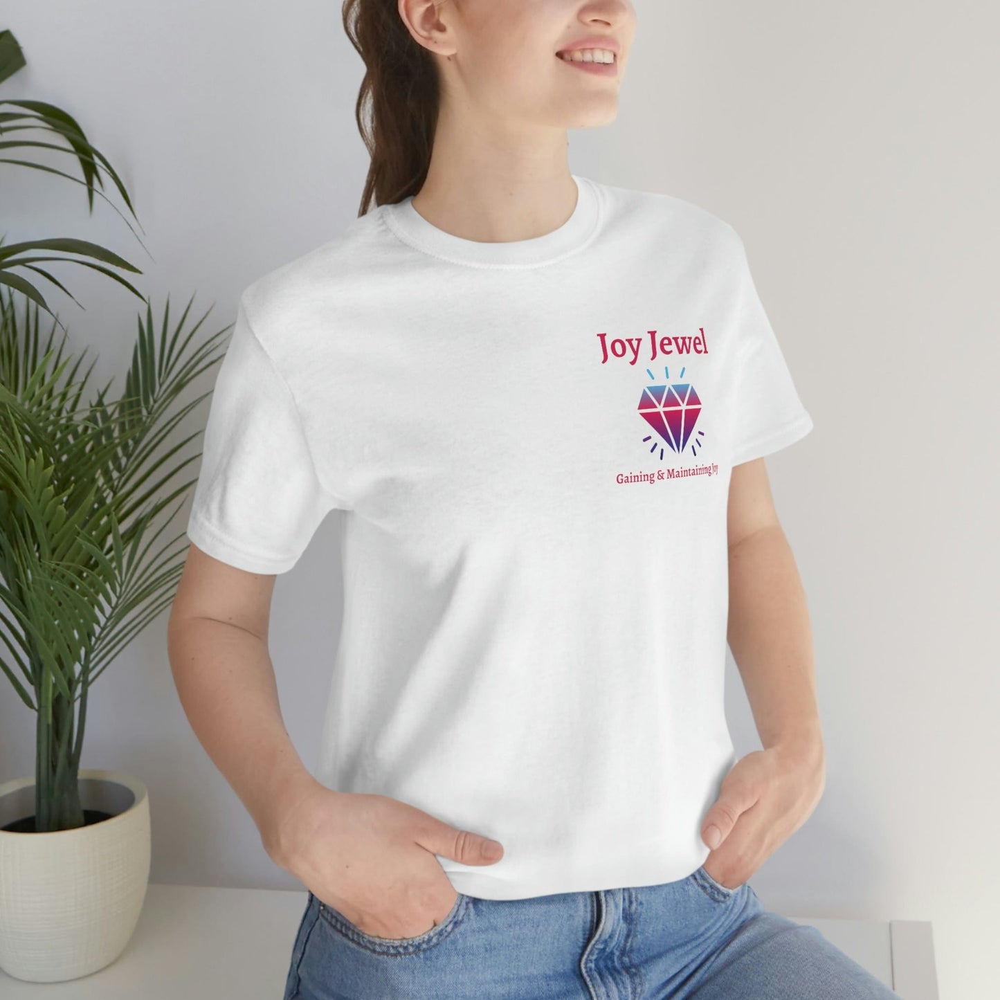 Joy Jewel: Gaining & Maintaining Joy (Small Graphic Fuchsia Text with Left Chest Colorful Diamond) Unisex Jersey Short Sleeve Tee - Style: Bella+Canvas 3001