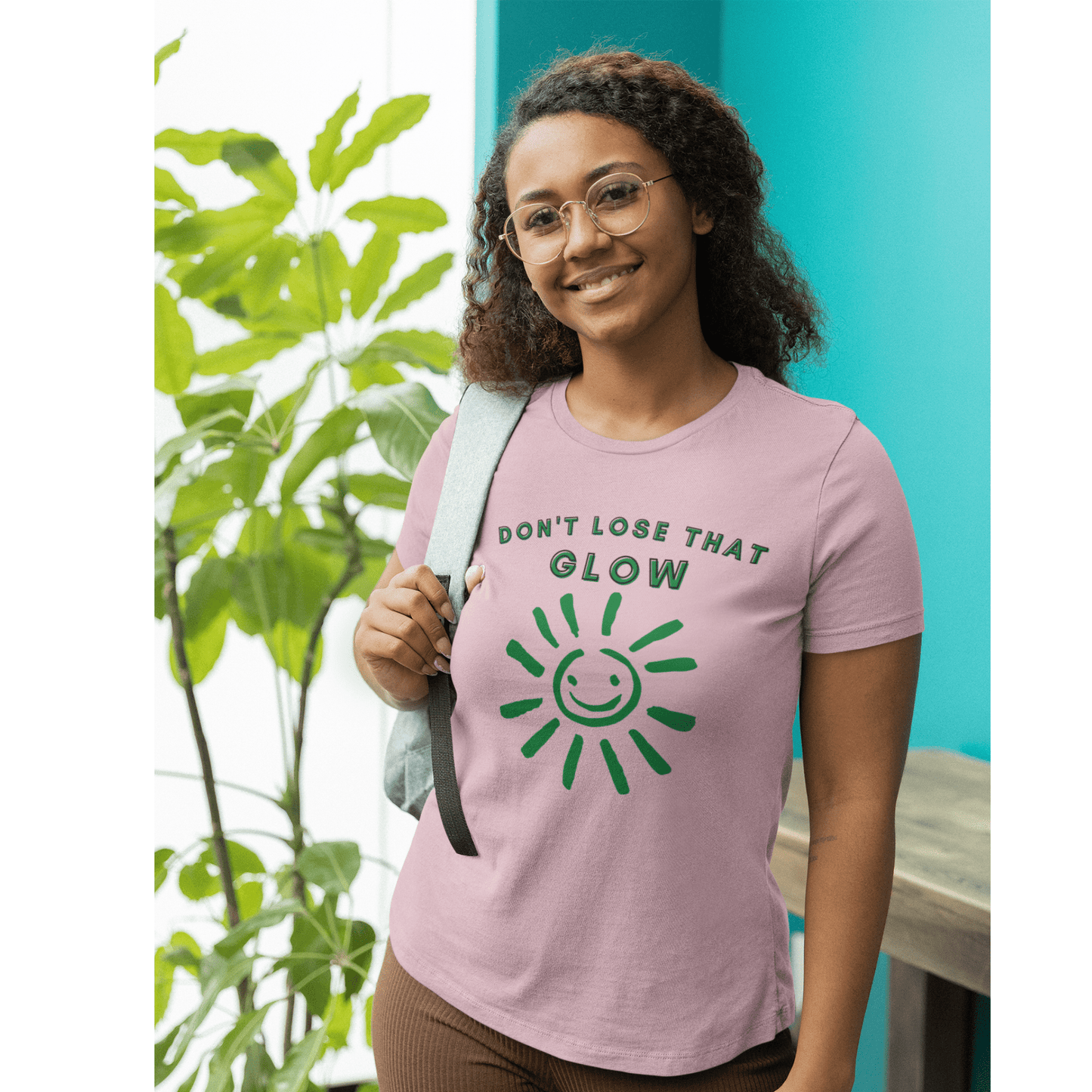 Don't Lose that Glow(Graphic Green Text with Smiling Sun) Unisex Jersey Short Sleeve Tee - Style: Bella+Canvas 3001