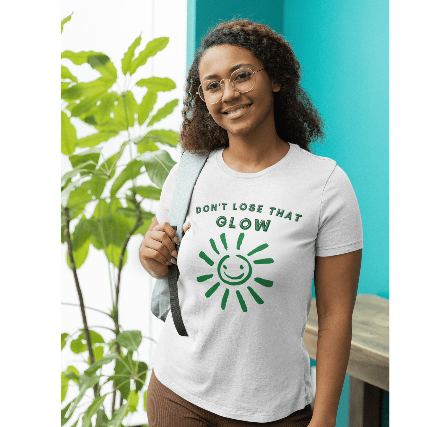 Don't Lose that Glow(Graphic Green Text with Smiling Sun) Unisex Jersey Short Sleeve Tee - Style: Bella+Canvas 3001