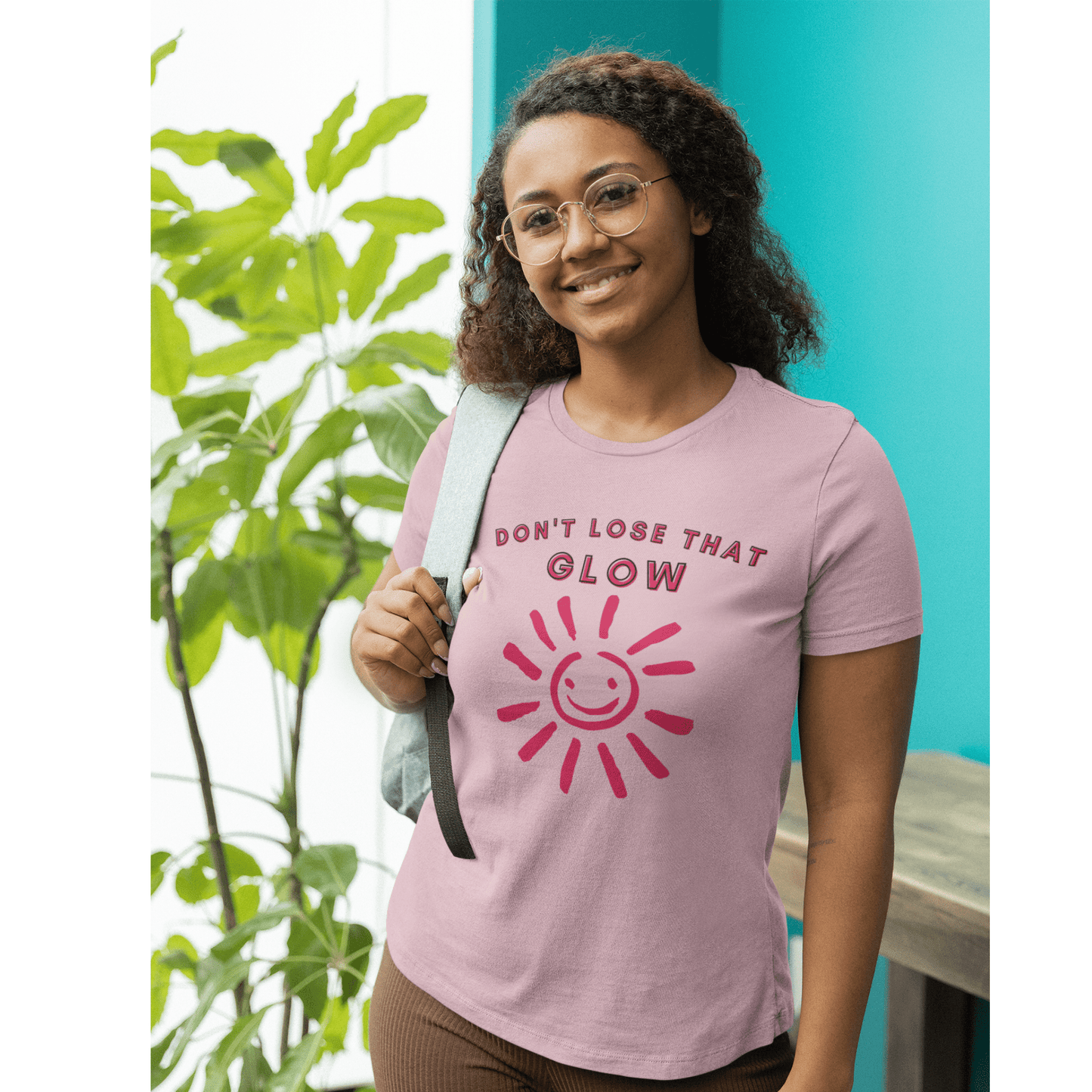 Don't Lose that Glow(Graphic Fuchsia Text with Smiling Sun) Unisex Jersey Short Sleeve Tee - Style: Bella+Canvas 3001