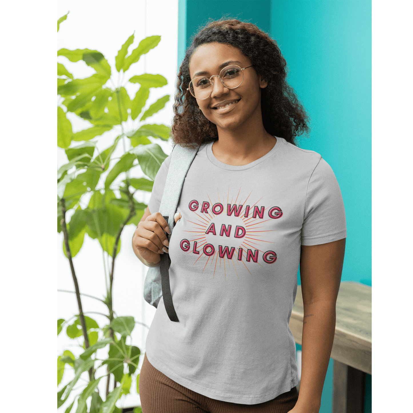 Growing And Glowing  ( Graphic Pink And White Text Sun Burst ) Unisex Jersey Short Sleeve Tee - Style: Bella+Canvas 3001