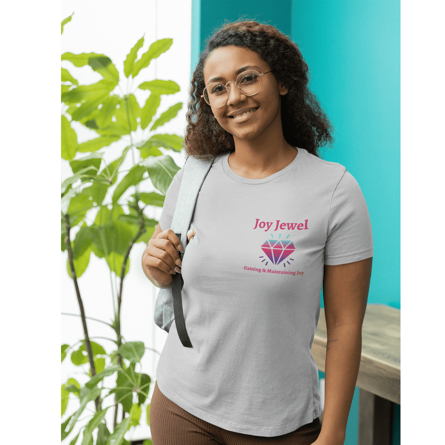 Joy Jewel: Gaining & Maintaining Joy (Small Graphic Fuchsia Text with Left Chest Colorful Diamond) Unisex Jersey Short Sleeve Tee - Style: Bella+Canvas 3001