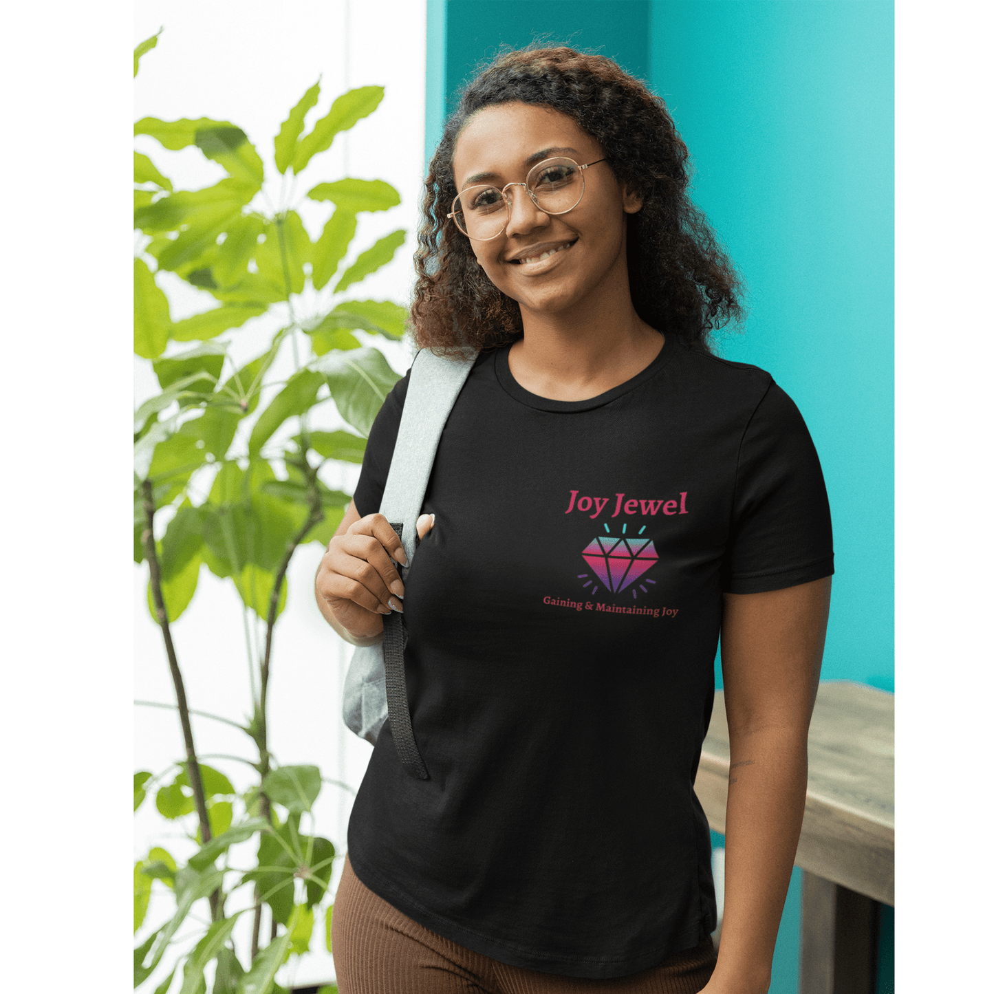 Joy Jewel: Gaining & Maintaining Joy (Small Graphic Fuchsia Text with Left Chest Colorful Diamond) Unisex Jersey Short Sleeve Tee - Style: Bella+Canvas 3001