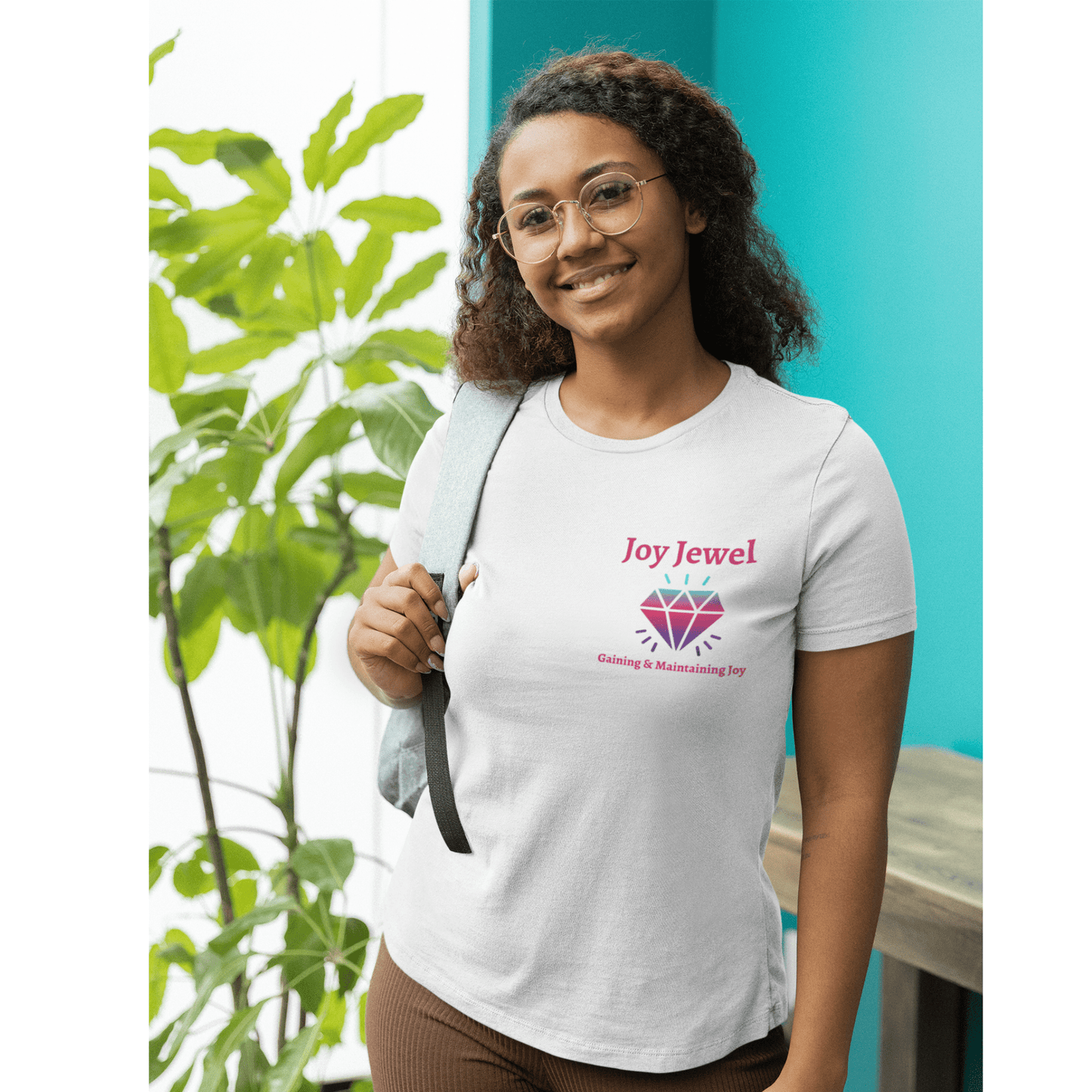 Joy Jewel: Gaining & Maintaining Joy (Small Graphic Fuchsia Text with Left Chest Colorful Diamond) Unisex Jersey Short Sleeve Tee - Style: Bella+Canvas 3001