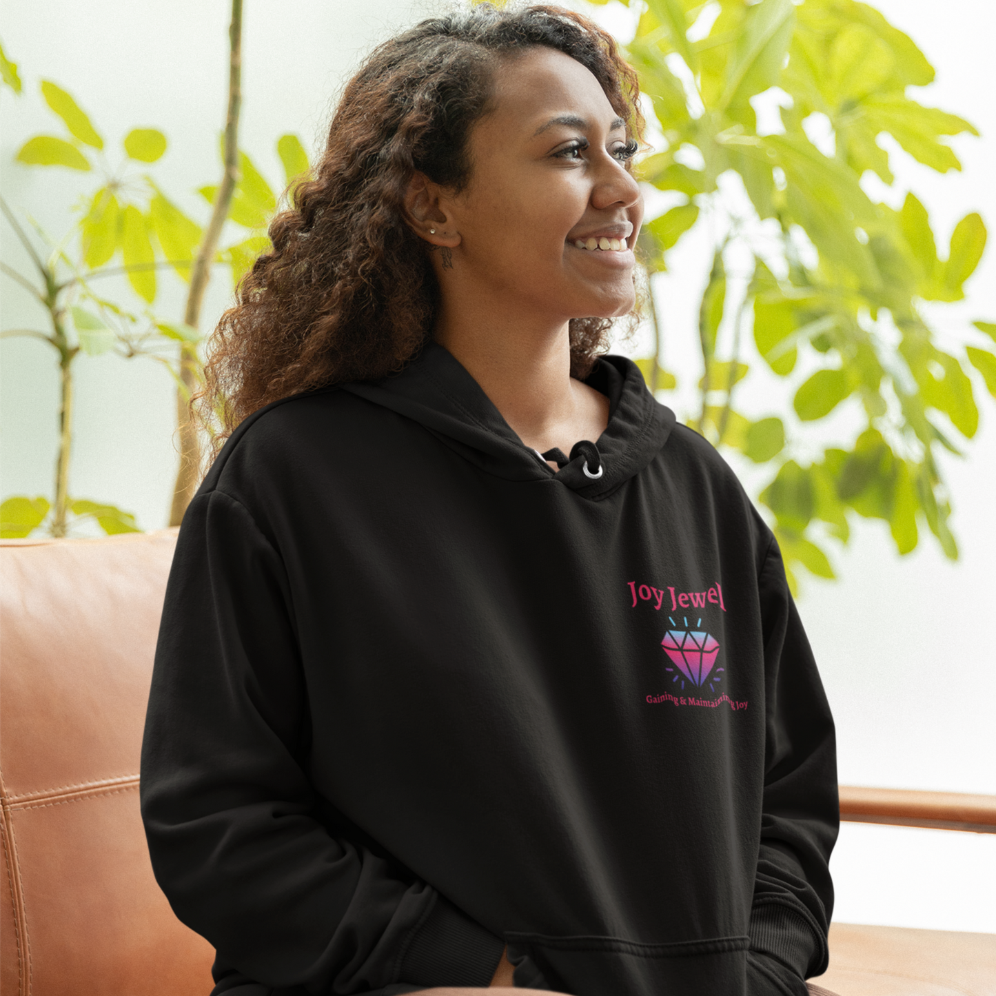 Joy Jewel: Gaining & Maintaining Joy (Graphic Left Chest Fuchsia Text with Diamond) Unisex Heavy Blend Hoodie - Style: Gildan 18500