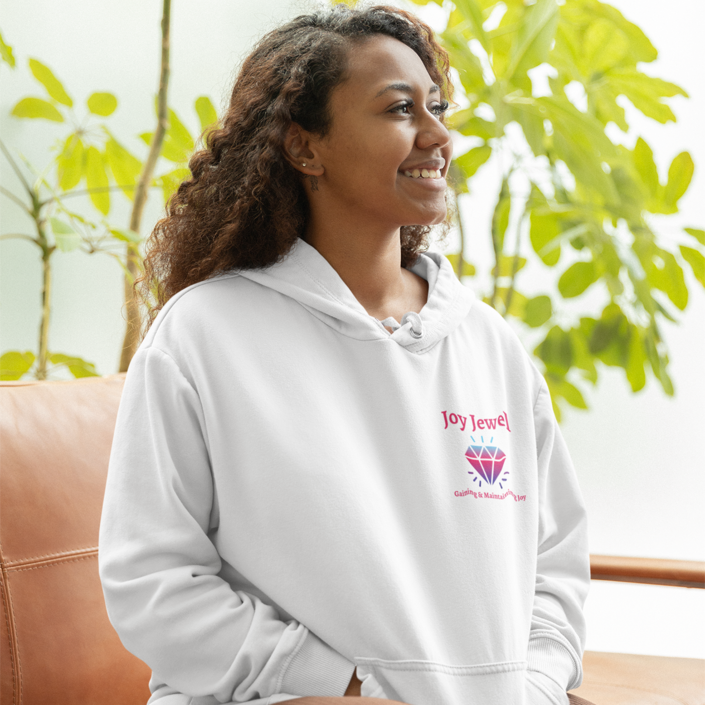 Joy Jewel: Gaining & Maintaining Joy (Graphic Left Chest Fuchsia Text with Diamond) Unisex Heavy Blend Hoodie - Style: Gildan 18500