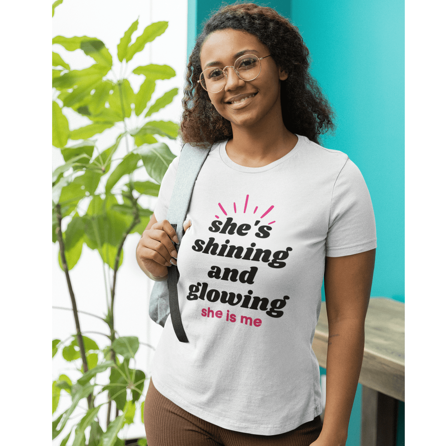 She's Shining and Glowing, She Is Me (Graphic Black Text) Unisex Jersey Short Sleeve Tee - Style: Bella+Canvas 3001