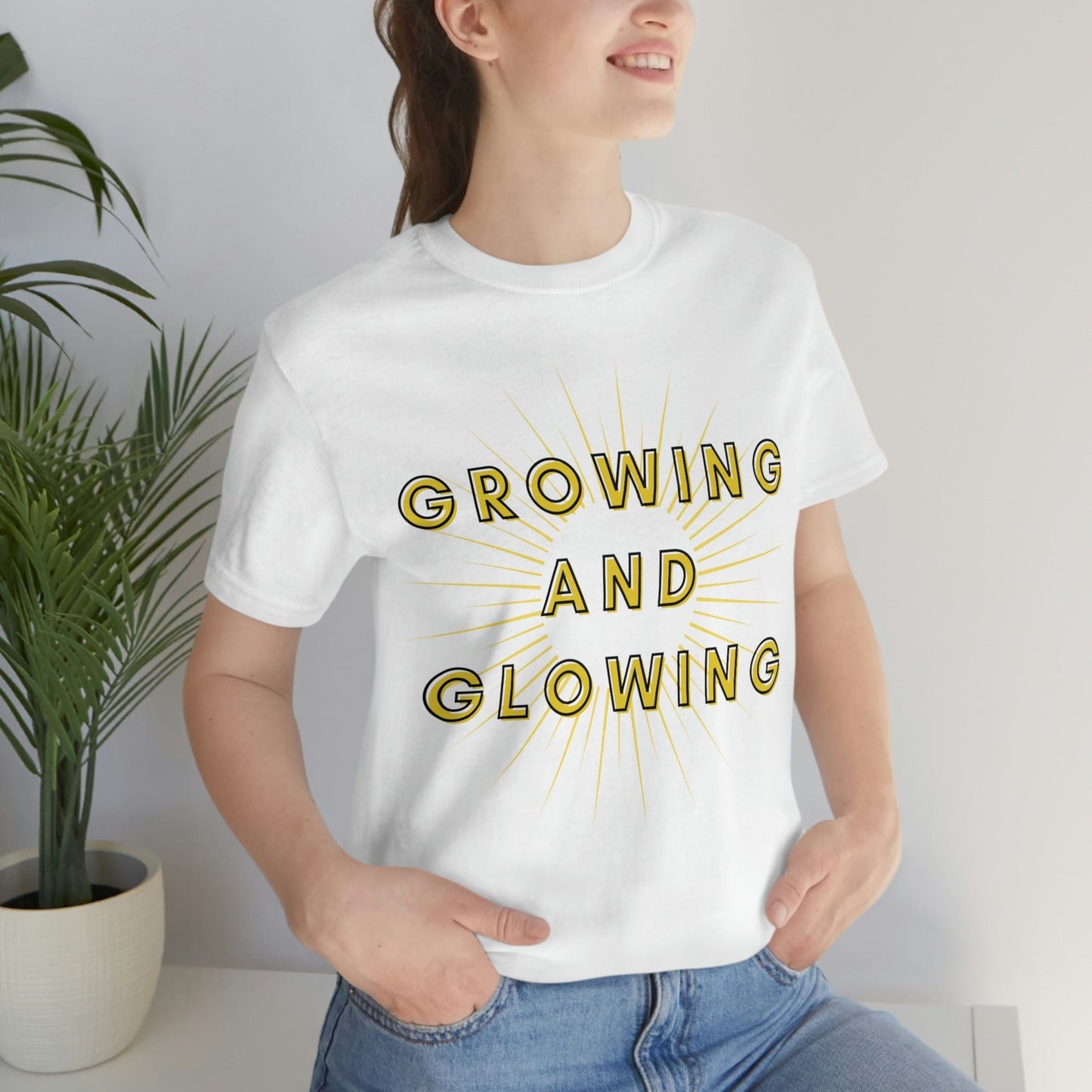 Growing And Glowing  ( Graphic Yellow and Black Text Sun Burst ) Unisex Jersey Short Sleeve Tee - Style: Bella+Canvas 3001