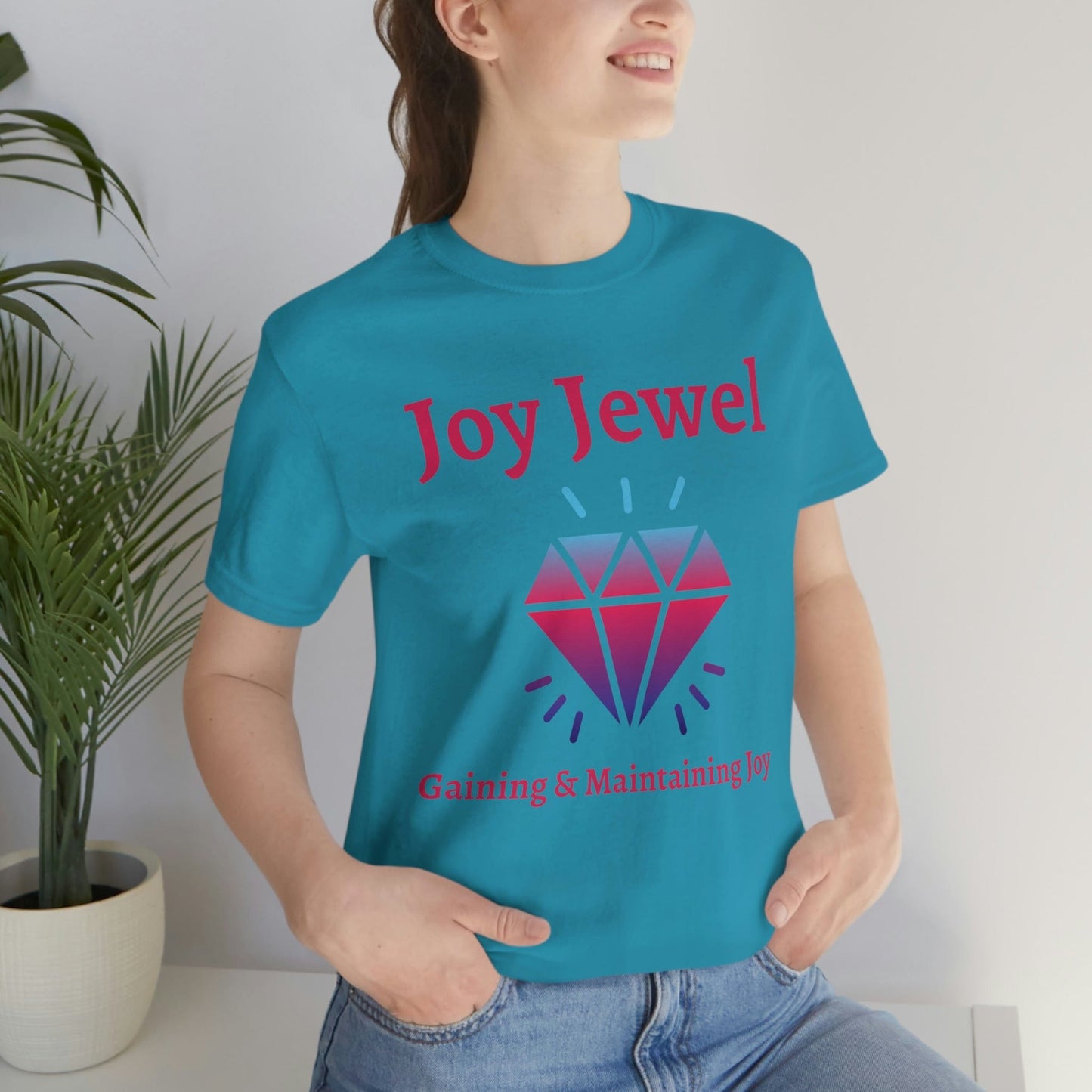 Joy Jewel: Gaining & Maintaining Joy (Large Graphic Fuchsia Text with Colorful Diamond) Unisex Jersey Short Sleeve Tee - Style: Bella+Canvas 3001