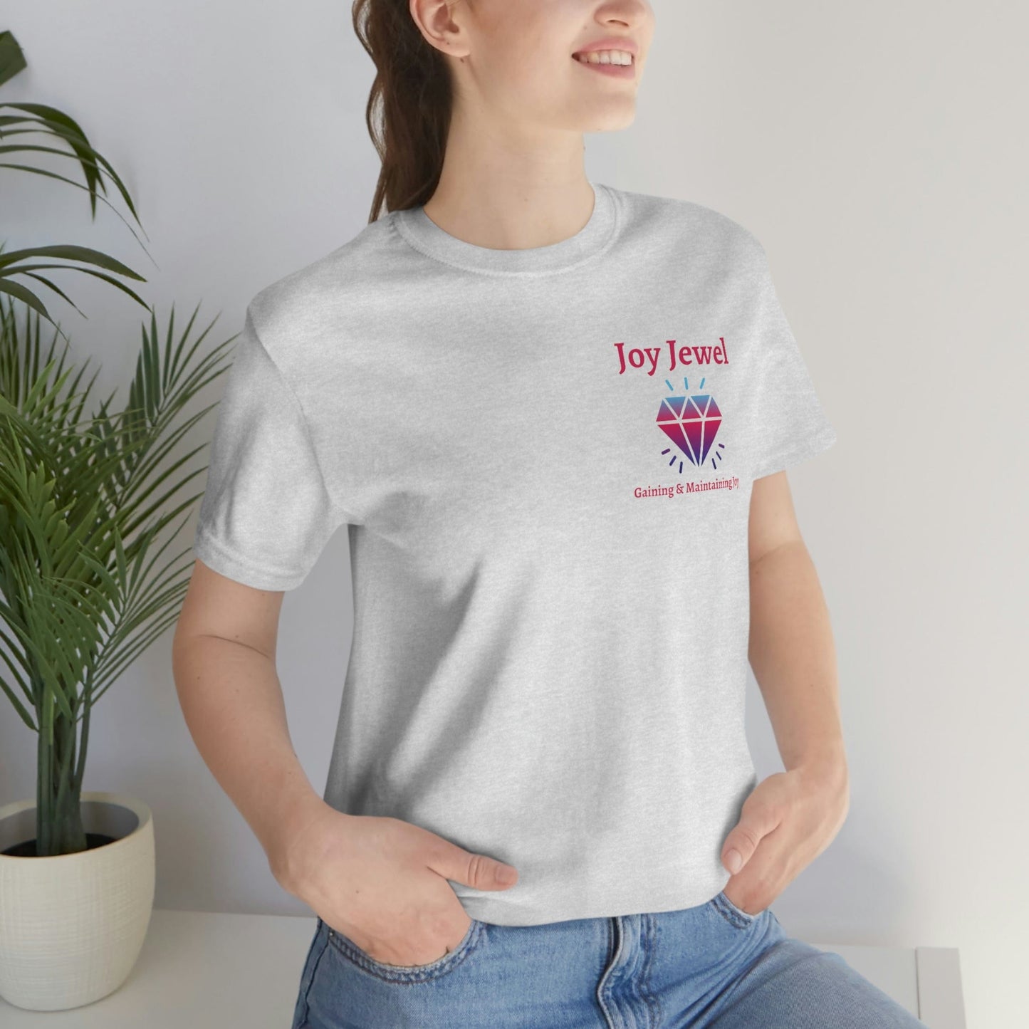 Joy Jewel: Gaining & Maintaining Joy (Small Graphic Fuchsia Text with Left Chest Colorful Diamond) Unisex Jersey Short Sleeve Tee - Style: Bella+Canvas 3001