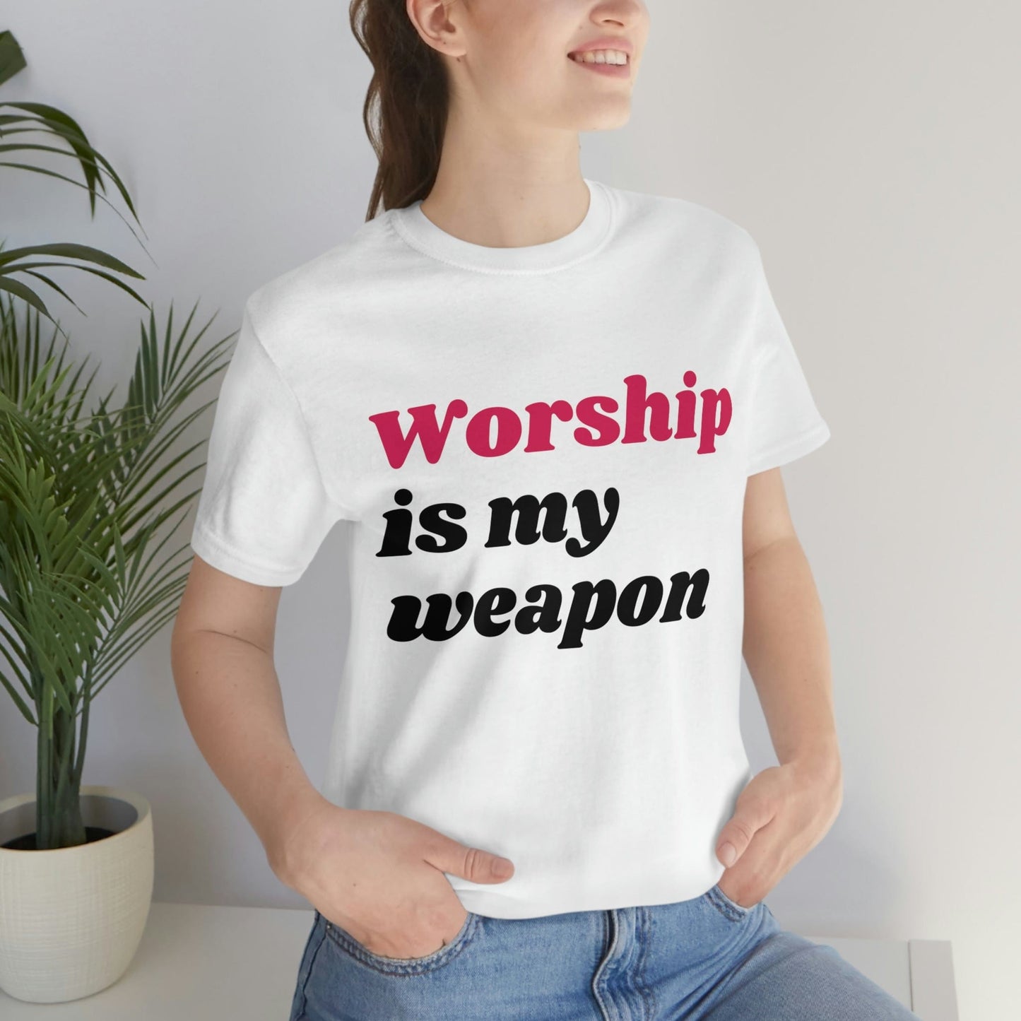 Worship Is My Weapon (Graphic Fuchsia & Black Text) Unisex Jersey Short Sleeve Tee - Style: Bella+Canvas 3001